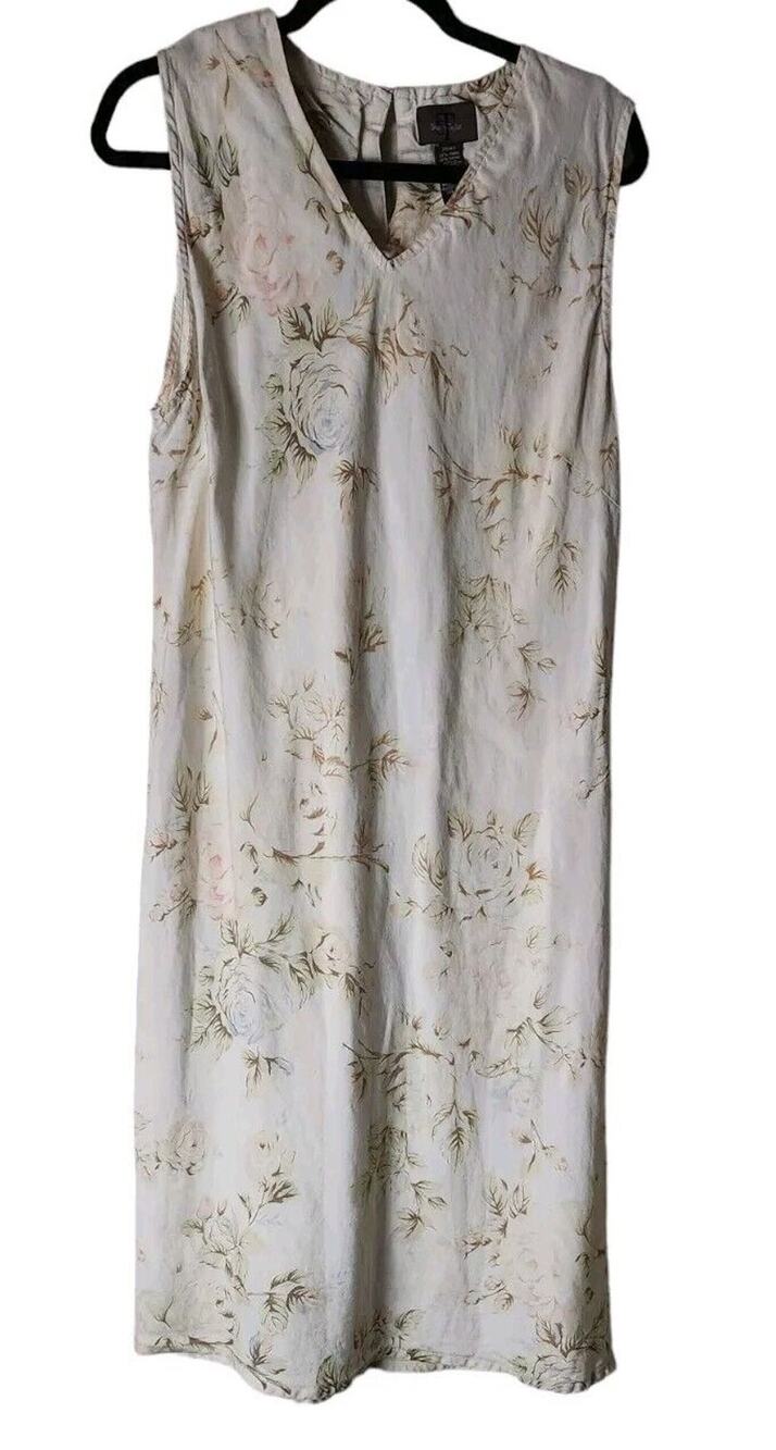 Sherry Taylor Dress Ramie Floral Light Tan V-Neck Sleeveless Size 20/40 Summery